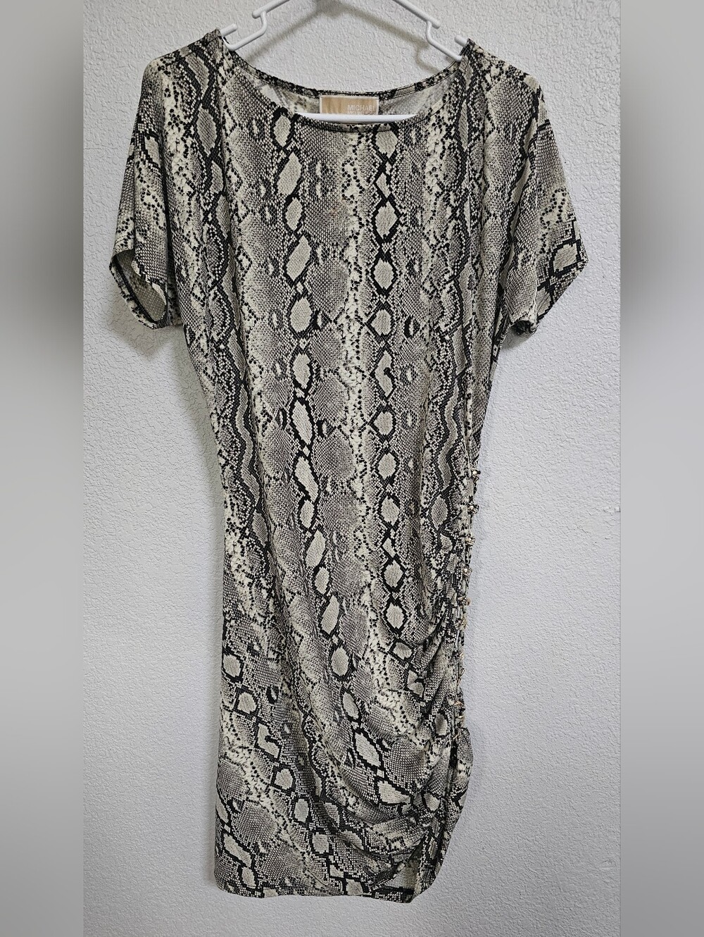 Michael Kors snake skin print short sleeve crinched mini dress M Medium ruched